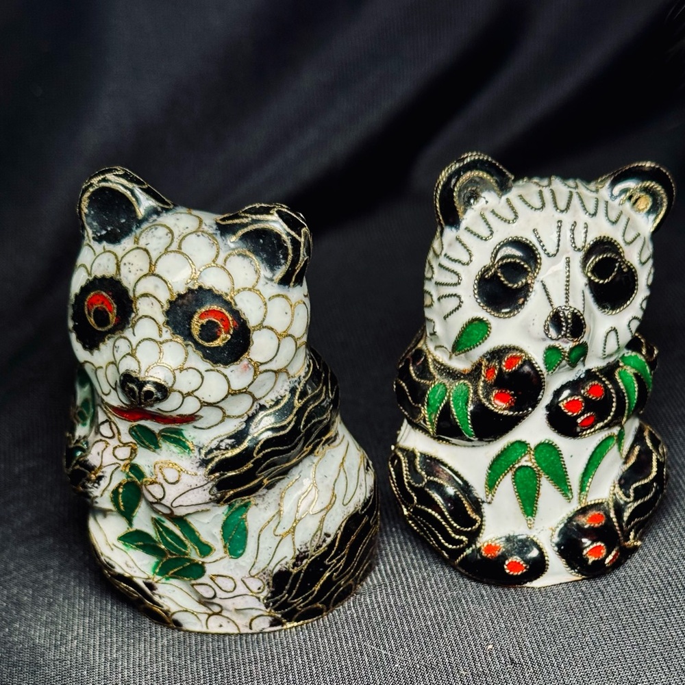 2 Vintage Cloisonné Panda Bears Figurine, Black White & Gold w Bamboo